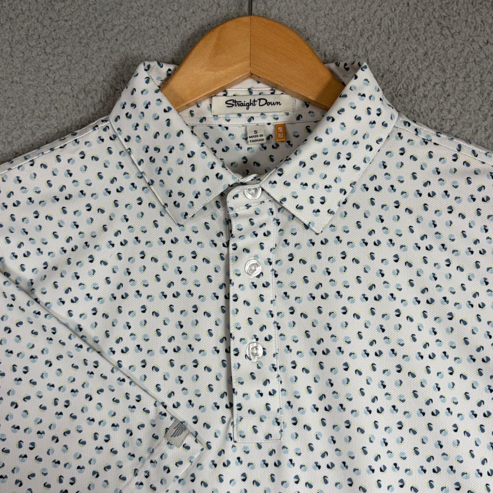 Straight Down Polo Shirt Mens S White Blue Geometric Print Short Sleeve UPF 50